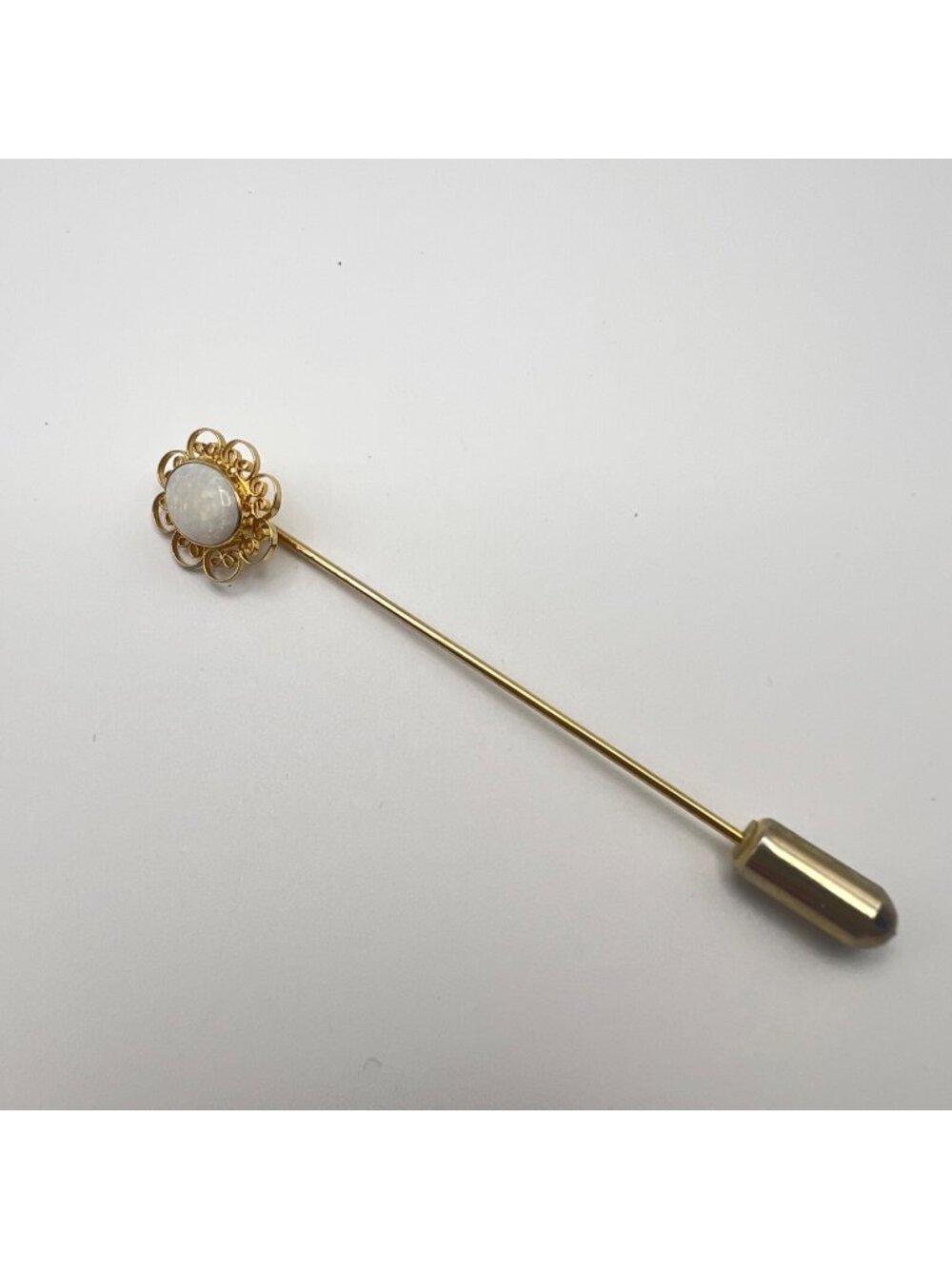 Vintage CARLA Opal Stick Pin 14K Gold Filled Filigree Lapel Brooch 1970s